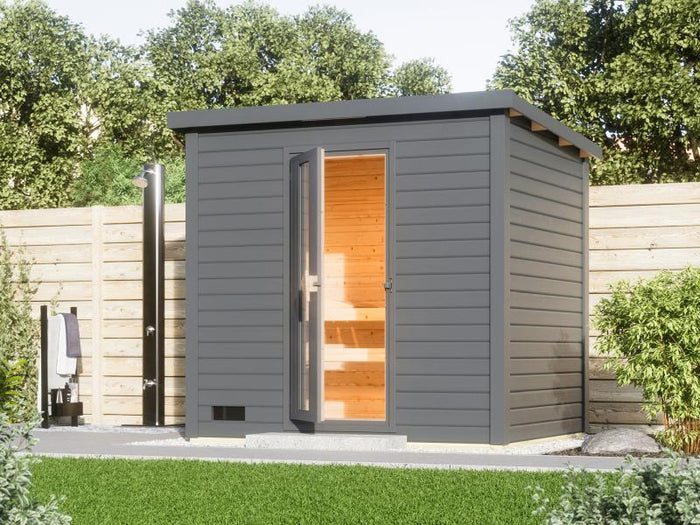 Karibu Saunahaus Hytti 3  38 mm terragrau - ohne Ofen - inkl. Energiespartür und Fußboden