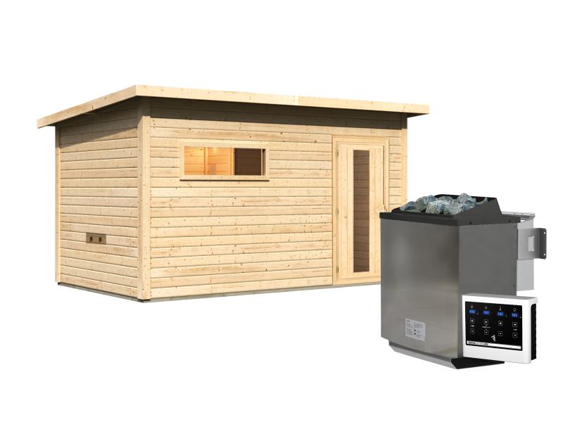 Karibu Saunahaus Hytti 6, inkl. 9 kW Bioofen ext. Steuerung - mit Iso-Tür naturbelassen, 38 mm