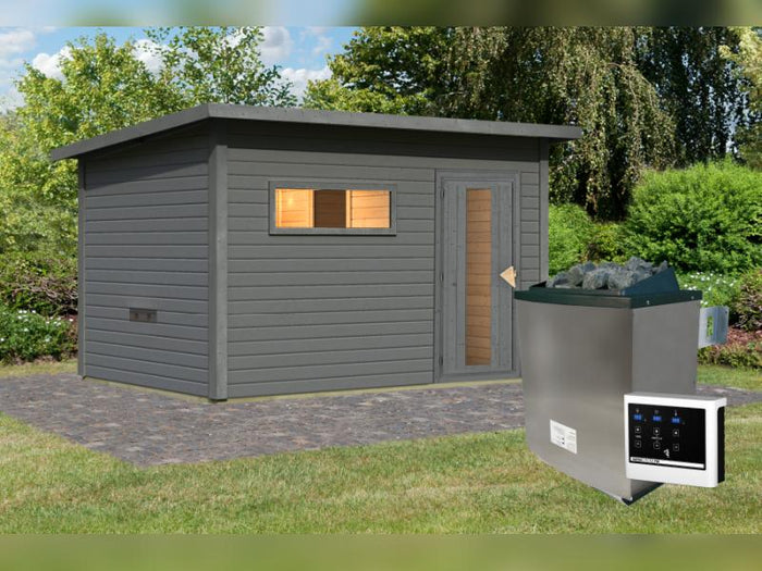 Karibu Saunahaus Hytti 6, inkl. 9 kW Ofen ext. Steuerung -mit Iso-Tür-  terragrau, 38 mm