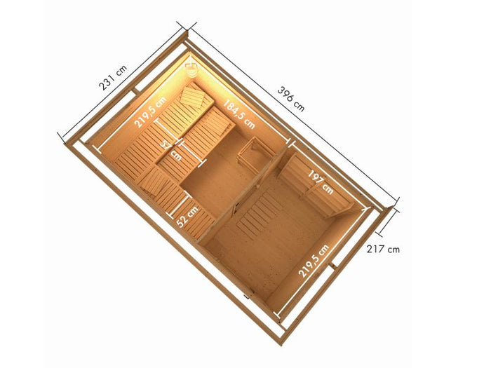 Karibu Saunahaus Hytti 6, inkl. 9 kW Ofen integr. Steuerung - mit Iso-Tür naturbelassen, 38 mm