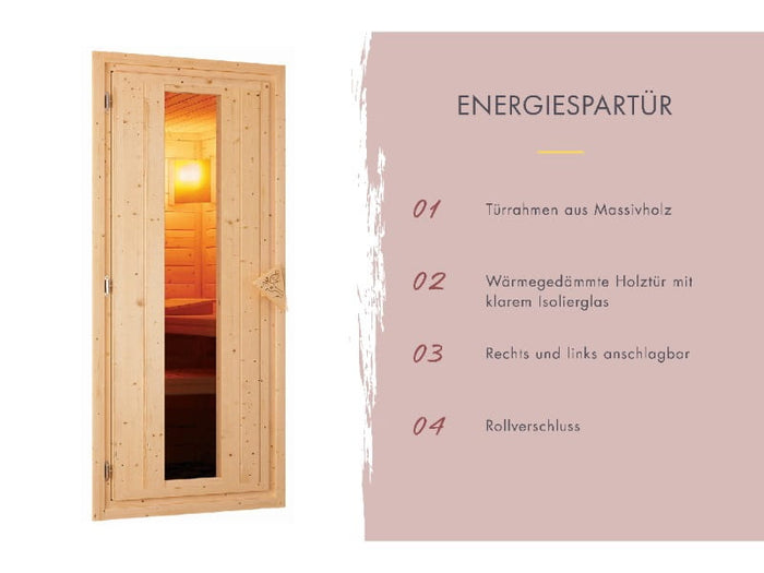 Karibu Saunahaus Hytti 6, inkl. 9 kW Ofen integr. Steuerung - mit Iso-Tür naturbelassen, 38 mm