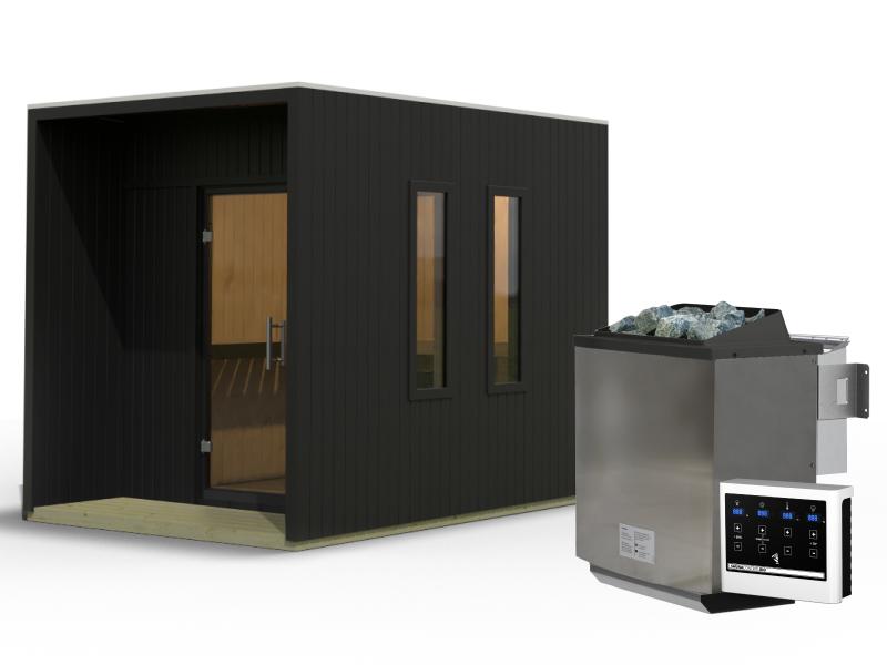 Karibu Saunahaus Laguna, schwarz ,73 mm -inkl. 9 kW Bioofen ext. Steuerung