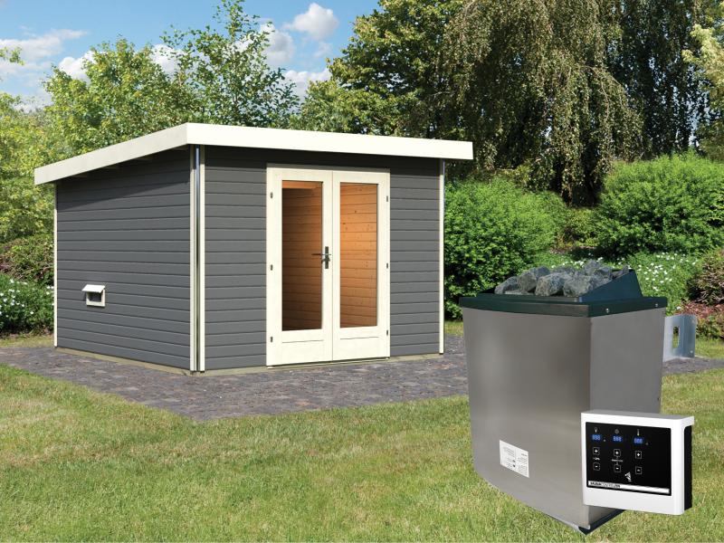 Karibu Saunahaus Mainburg 1 Set A terragrau-9kW Ofen ext. Strg