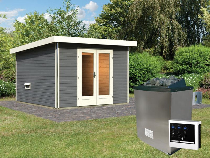Karibu Saunahaus Mainburg 1 Set A terragrau-9kW Ofen ext. Strg