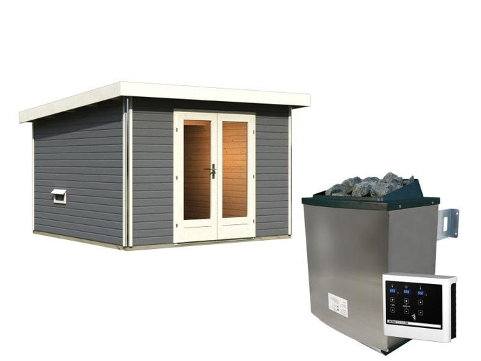 Karibu Saunahaus Mainburg 1 Set A terragrau-9kW Ofen ext. Strg