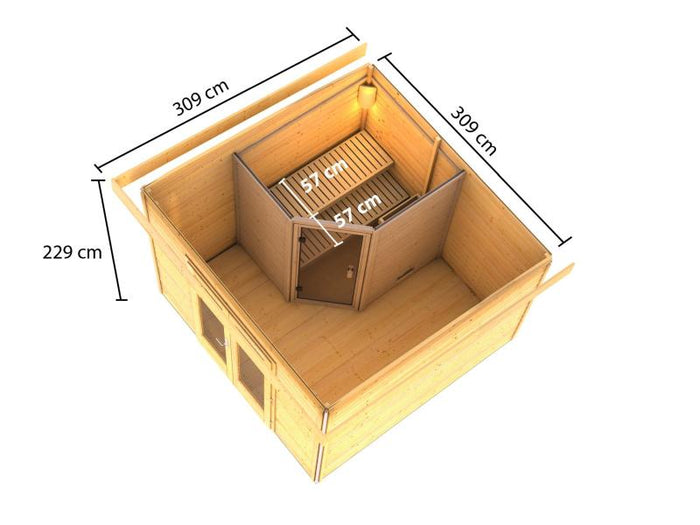 Karibu Saunahaus Mainburg 1 Set A terragrau-9kW Ofen ext. Strg