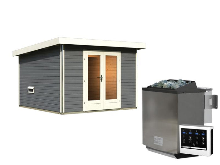 Karibu Saunahaus Mainburg 1 Set A terragrau -9kW Bioofen ext. Strg