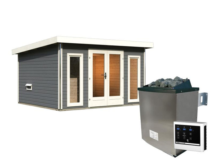 Karibu Saunahaus Mainburg 2 Set A terragrau -9 kW Ofen ext. Steuerung