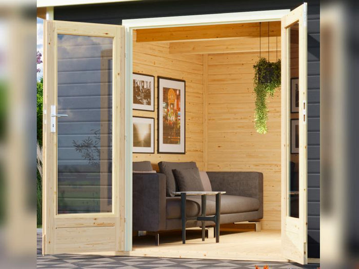 Karibu Saunahaus Mainburg 2 Set A terragrau -9 kW Ofen ext. Steuerung