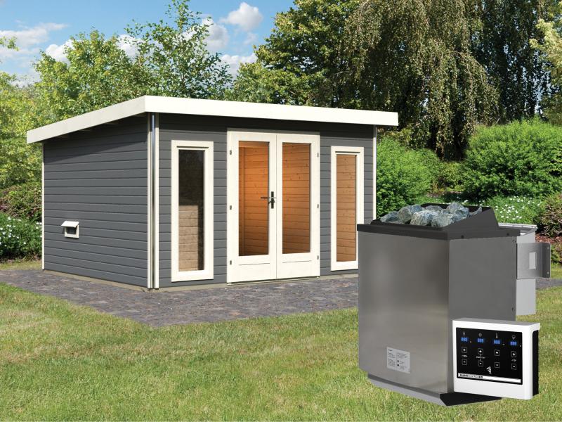 Karibu Saunahaus Mainburg 2 Set B terragrau -9 kW Bioofen ext. Steuerung-