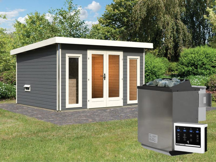 Karibu Saunahaus Mainburg 2 Set B terragrau -9 kW Bioofen ext. Steuerung-