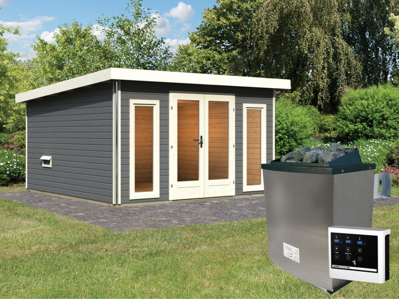 Karibu Saunahaus Mainburg 3 Set A terragrau -9 kW Ofen ext.Strg