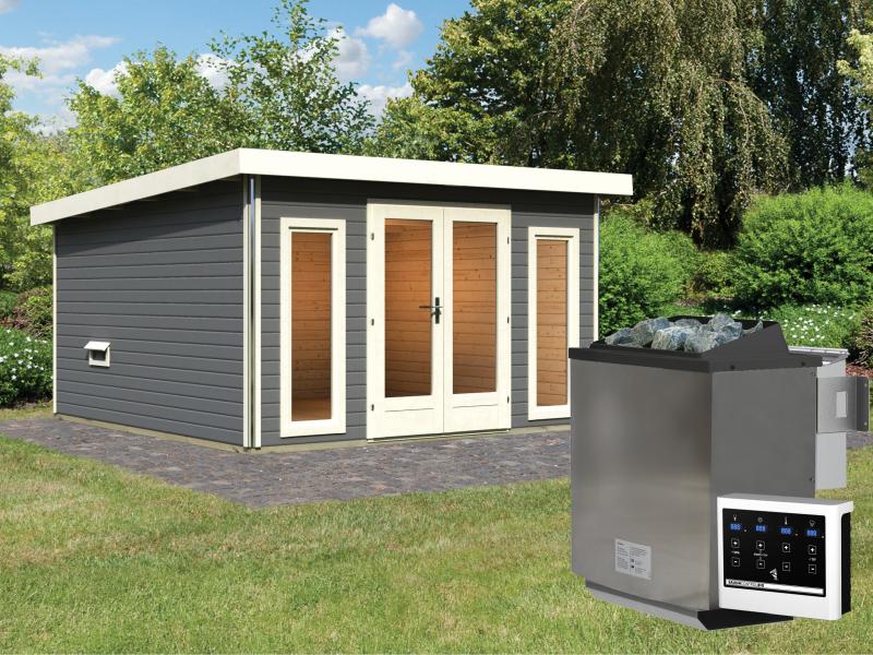 Karibu Saunahaus Mainburg 3 Set A terragrau -9 kW Bioofen ext.Strg