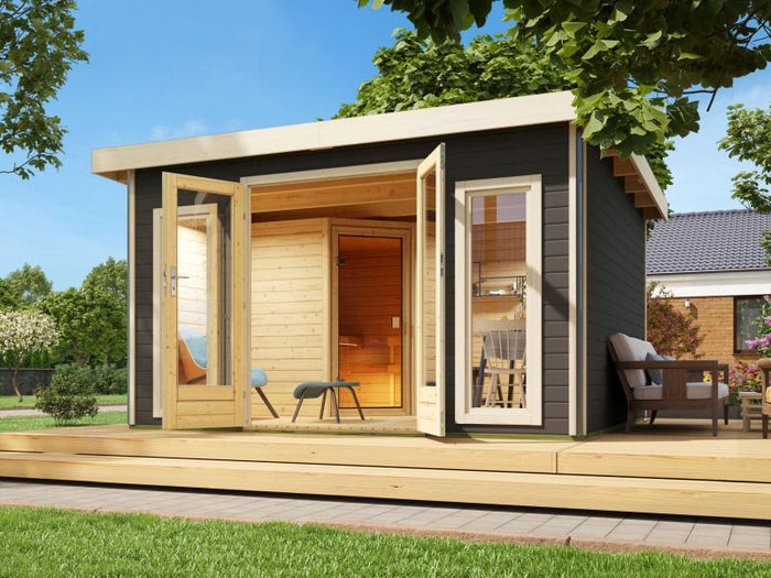 Karibu Saunahaus Mainburg 3 Set A terragrau -9 kW Bioofen ext.Strg