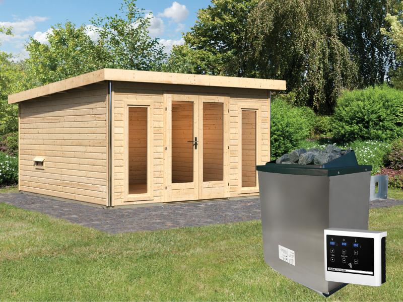 Karibu Saunahaus Mainburg 3 Set B naturbelassen- 9 kW Ofen ext. Strg