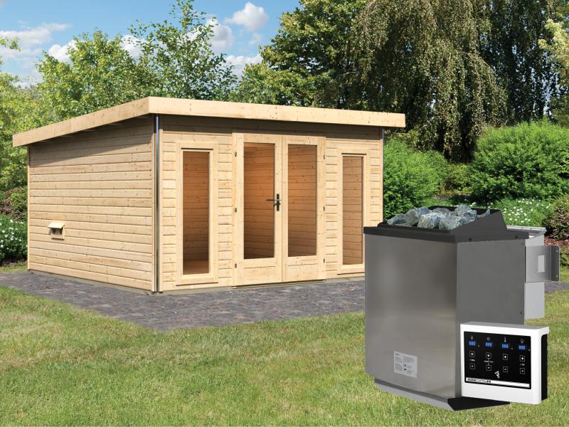 Karibu Saunahaus Mainburg 3 Set B naturbelassen- 9 kW Bioofen ext. Strg