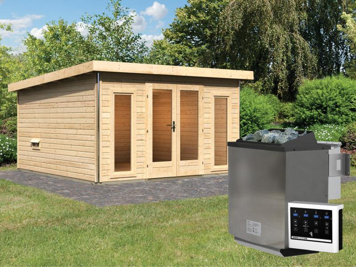 Karibu Saunahaus Mainburg 3 Set B naturbelassen- 9 kW Bioofen ext. Strg