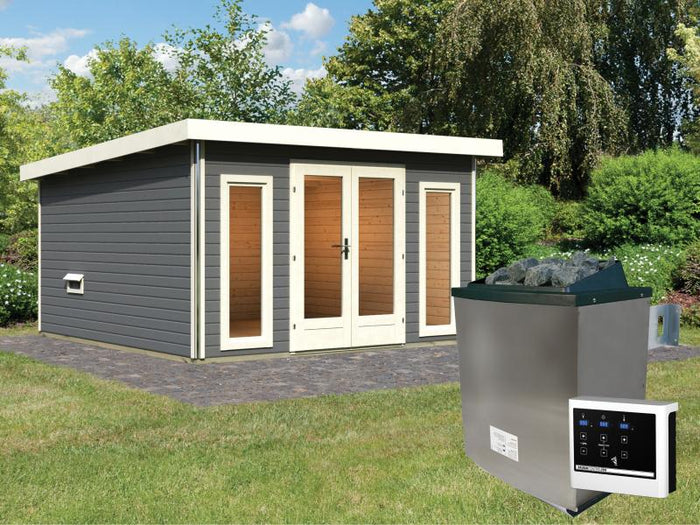 Karibu Saunahaus Mainburg 3 Set B terragrau- 9 kW Ofen ext. Strg