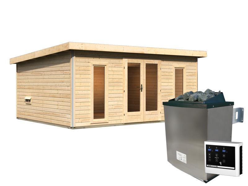 Karibu Saunahaus Mainburg 4 Set A naturbelassen- 9kW Ofen ext. Strg