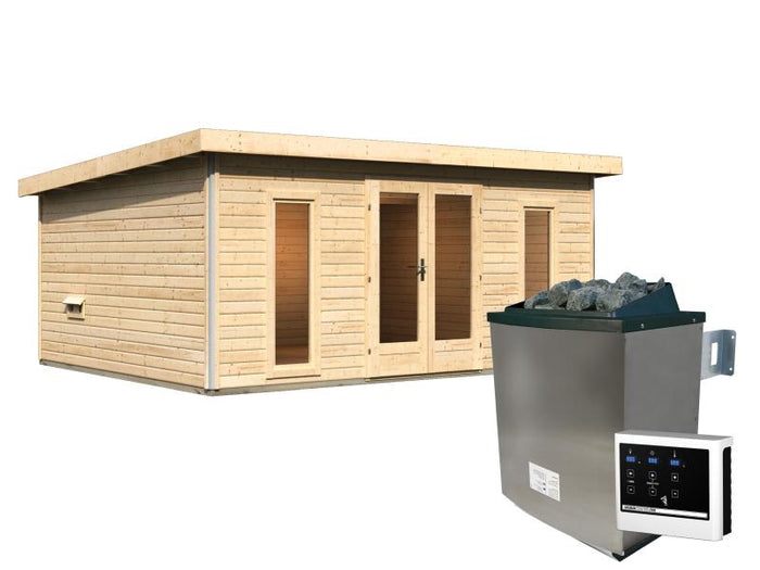 Karibu Saunahaus Mainburg 4 Set B naturbelassen- 9 kW Ofen ext. Strg