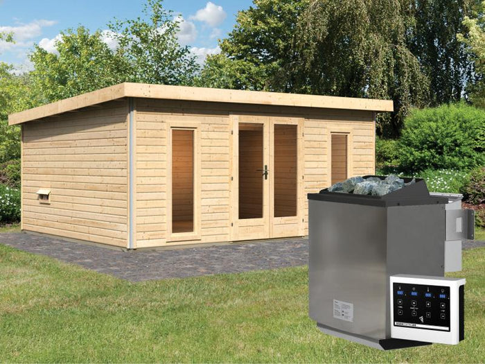 Karibu Saunahaus Mainburg 4 Set B naturbelassen- 9 kW Bioofen ext. Strg