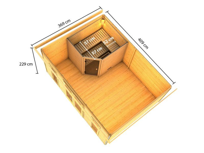 Karibu Saunahaus Mainburg 4 Set B naturbelassen- 9 kW Bioofen ext. Strg