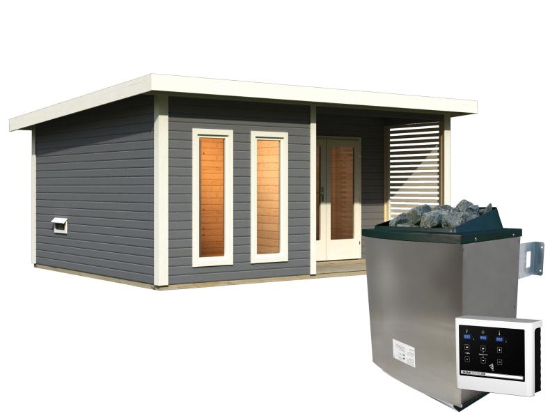 Karibu Saunahaus Mainburg 5 Set A terragrau- 9 kW Ofen ext. Strg