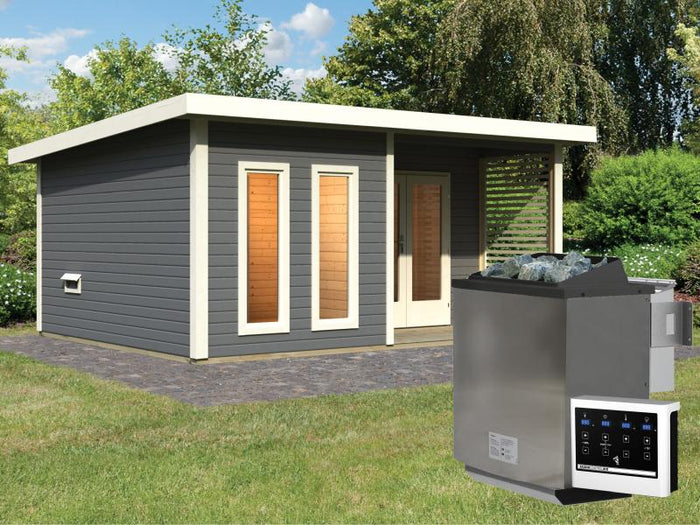 Karibu Saunahaus Mainburg 5 Set A terragrau- 9 kW Bioofen ext. Strg