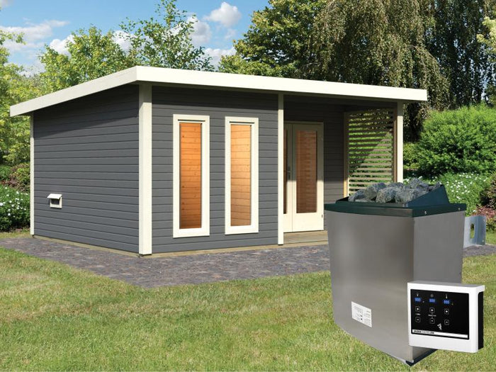Karibu Saunahaus Mainburg 5 Set B terragrau- 9 kW Ofen ext. Strg