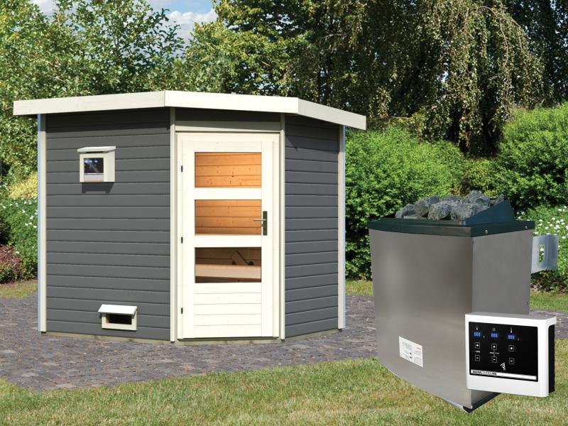 Karibu Saunahaus Mikka 38 mm- 9 kW Ofen ext. Strg- moderne Tür- terragrau