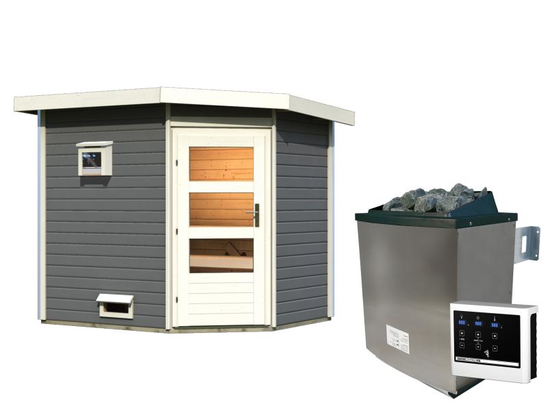 Karibu Saunahaus Mikka 38 mm- 9 kW Ofen ext. Strg- moderne Tür- terragrau