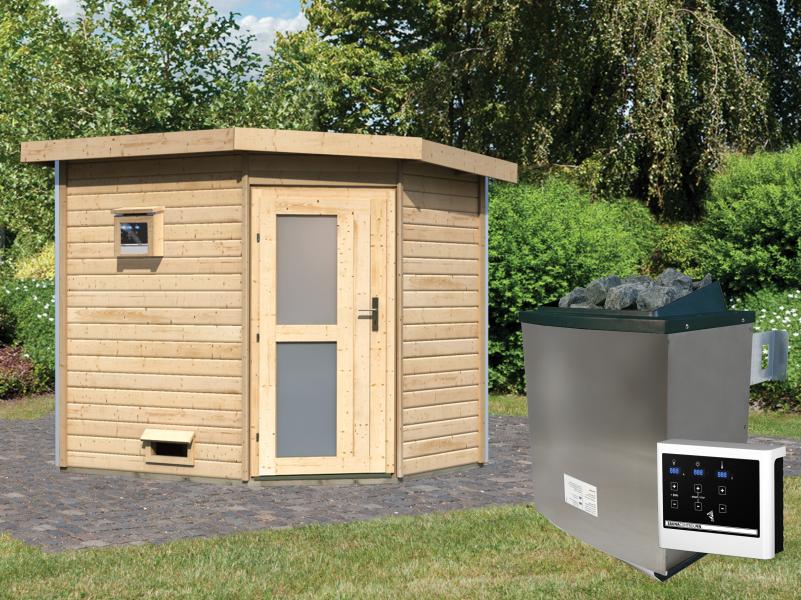 Karibu Saunahaus Mikka 38 mm- 9 kW Ofen ext. Strg- Milchglastür