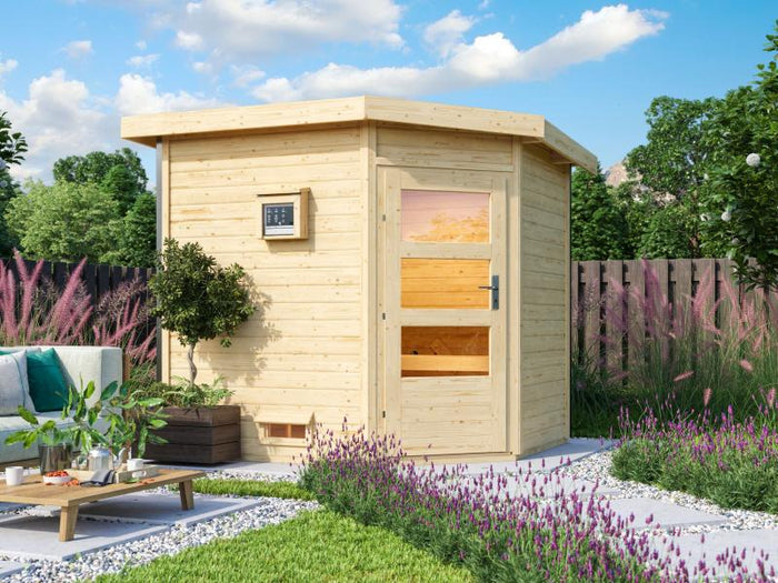 Karibu Saunahaus Mikka 38 mm- 9 kW Ofen ext. Strg- moderne Tür