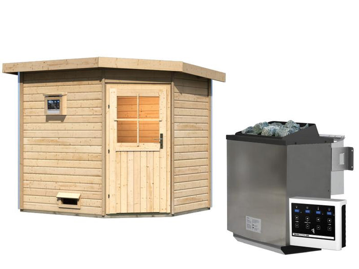 Karibu Saunahaus Mikka 38 mm inkl. 9 kW Bioofen ext. Steuerung -klassische Tür