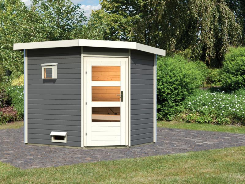 Karibu Saunahaus Mikka 38 mm- ohne Ofen- moderne Tür- terragrau