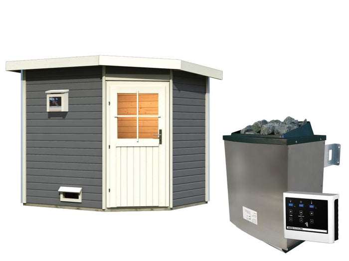 Karibu Saunahaus Mikka 38 mm -terragrau- inkl. 9 kW Ofen ext. Steuerung -klassische Tür-
