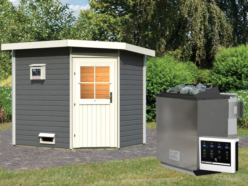 Karibu Saunahaus Mikka 38 mm -terragrau- inkl. 9 kW Bioofen ext. Steuerung -klassische Tür