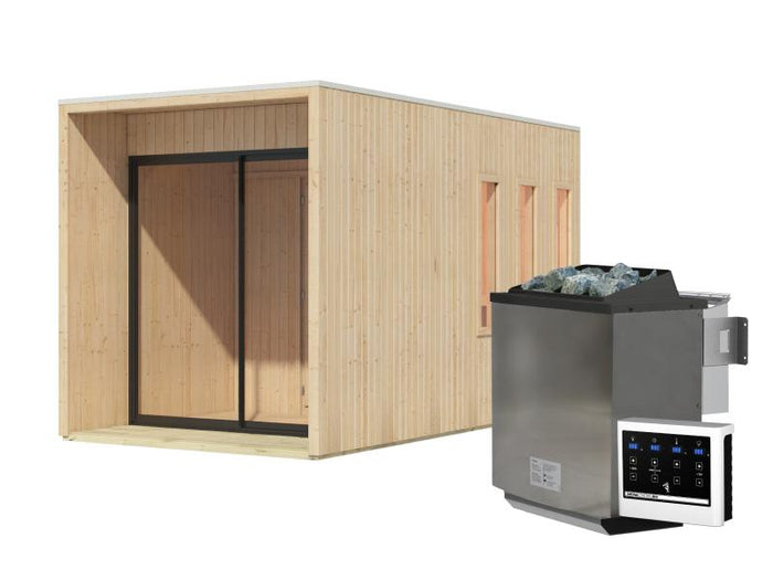 Karibu Saunahaus Miramar natur, inkl. 9 kW Bioofen ext. Steuerung, inkl. Vorraum, 73 mm