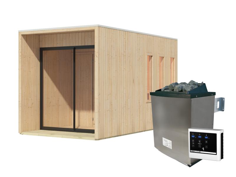 Karibu Saunahaus Miramar natur, inkl. 9 kW Ofen ext. Steuerung, inkl. Vorraum, 73 mm