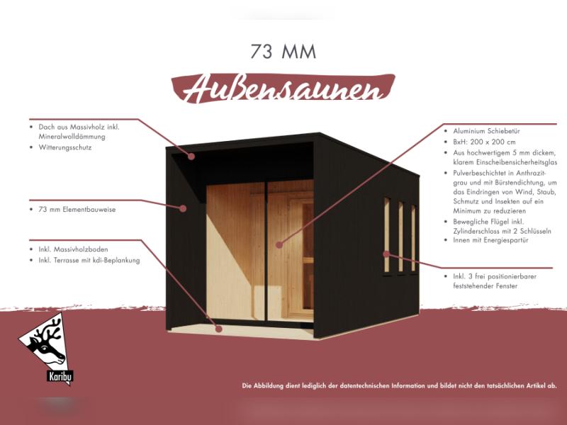 Karibu Saunahaus Miramar schwarz 73 mm inkl. 9 kW Bioofen externe Steuerung mit Vorraum