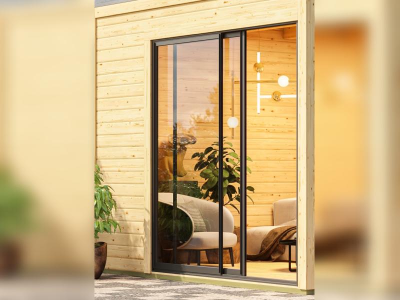 Karibu Saunahaus Miramar schwarz 73 mm inkl. 9 kW Bioofen externe Steuerung mit Vorraum