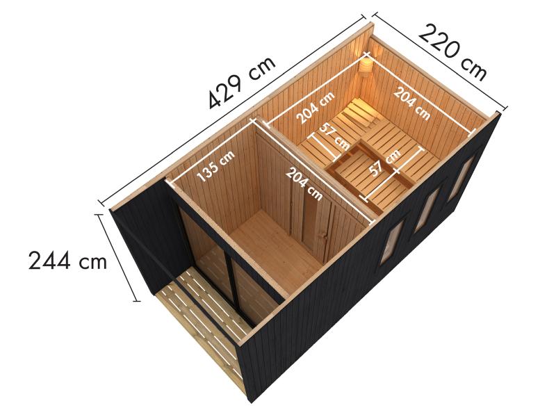 Karibu Saunahaus Miramar schwarz 73 mm ohne Ofen, inkl. Vorraum
