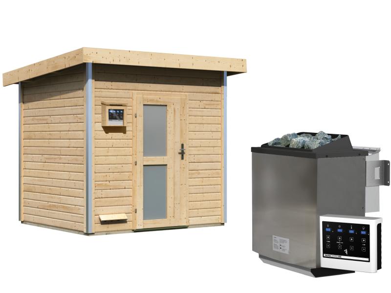 Karibu Saunahaus Norge 38 mm- 9 kW Bioofen ext. Strg- Milchglastür