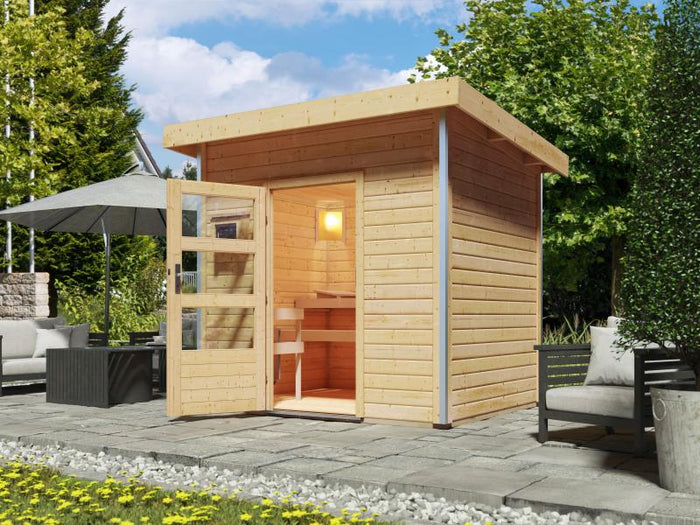 Karibu Saunahaus Norge 38 mm- 9 kW Bioofen ext. Strg- moderne Tür