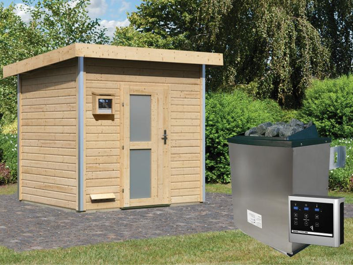 Karibu Saunahaus Norge 38 mm- 9 kW Ofen ext. Strg- Milchglastür