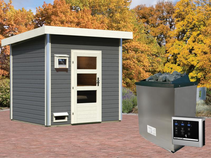 Karibu Saunahaus Norge 38 mm- 9 kW Ofen ext. Strg. - moderne Tür- terragrau