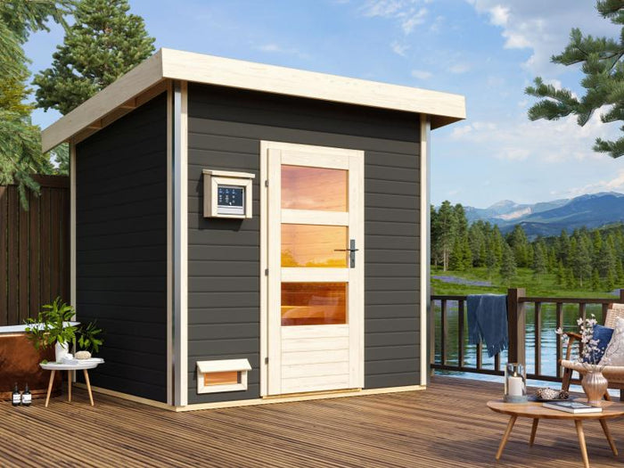 Karibu Saunahaus Norge 38 mm- 9 kW Ofen ext. Strg. - moderne Tür- terragrau