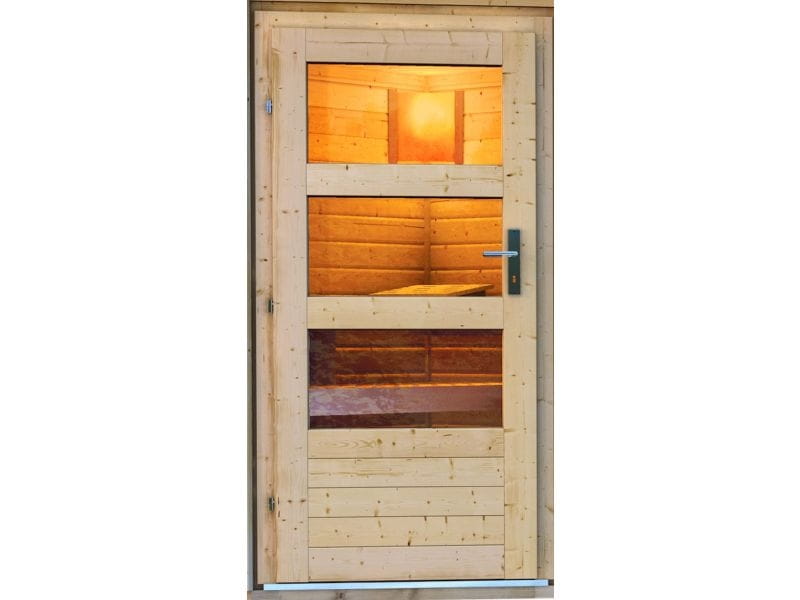 Karibu Saunahaus Norge 38 mm- 9 kW Ofen ext. Strg. - moderne Tür- terragrau