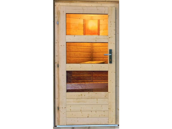 Karibu Saunahaus Norge 38 mm- 9 kW Ofen ext. Strg. - moderne Tür- terragrau