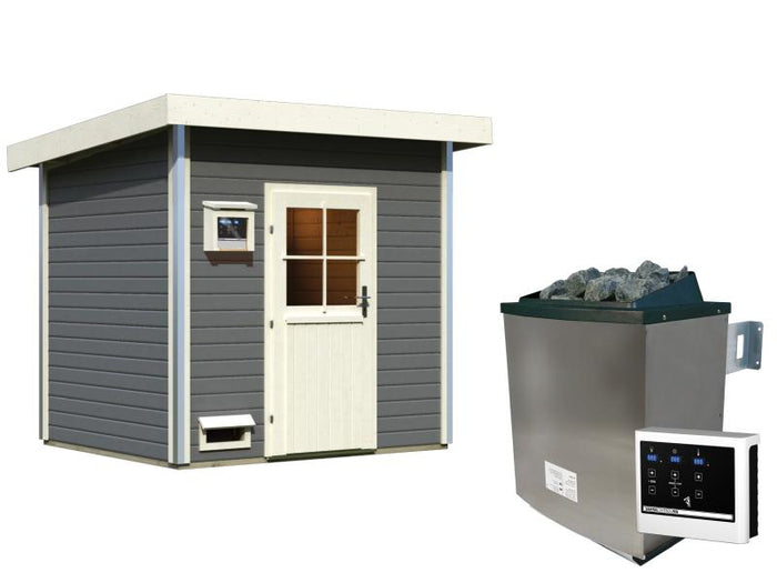 Karibu Saunahaus Norge terragrau, inkl. 9 kW Ofen ext. Steuerung -klassische Tür-